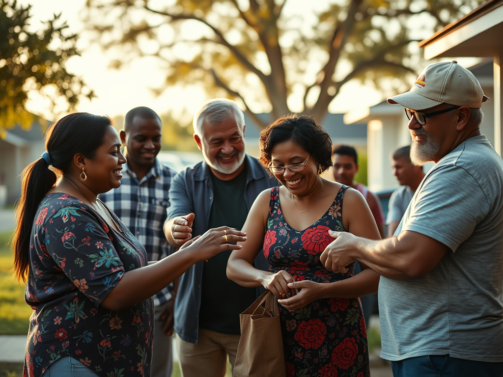 a smiling group of neighbors stand around their friend outside a house