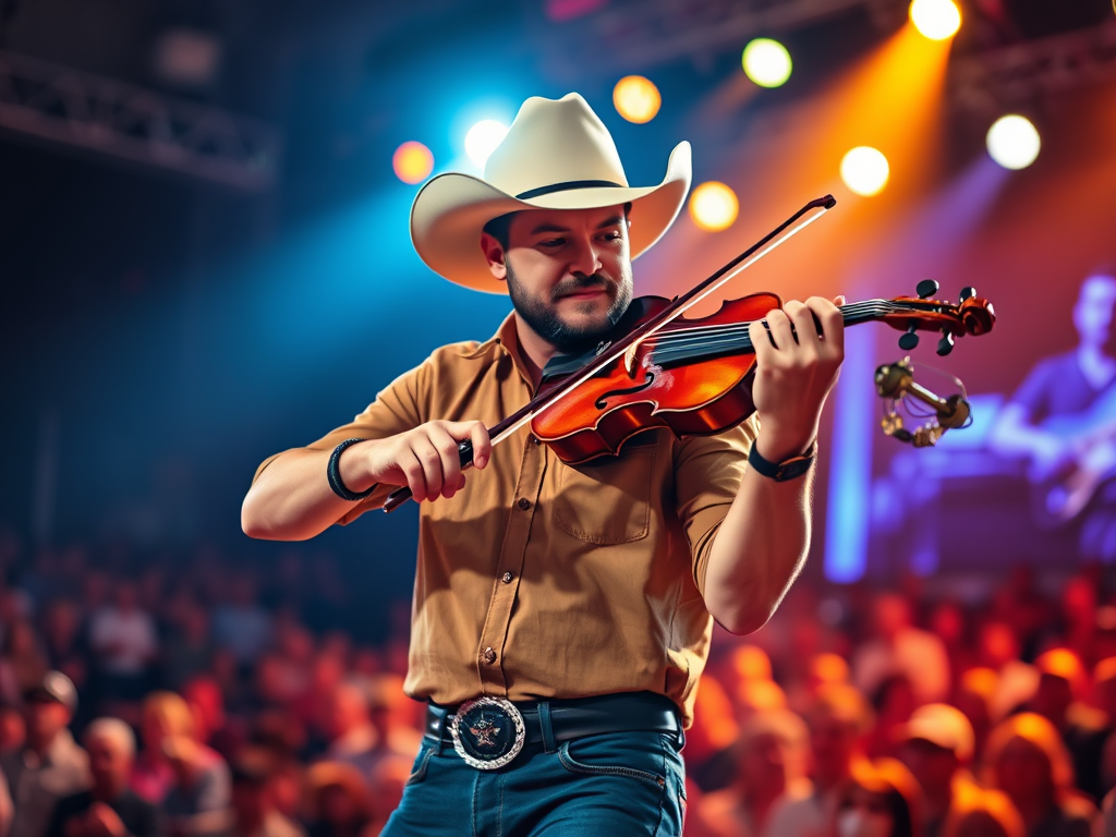 a man wearing a cowboy hat plays a fiddle during a concert
