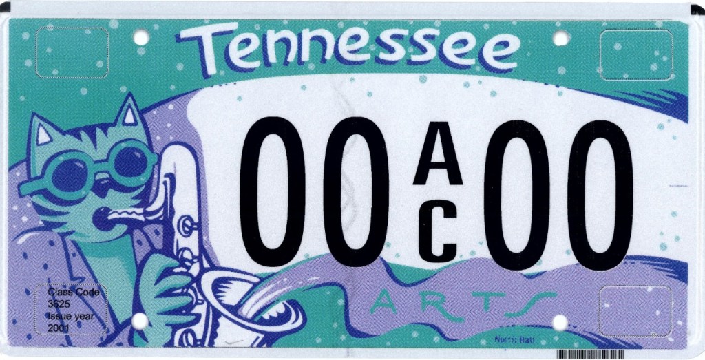 Tennessee license plate with cat playing saxophone
